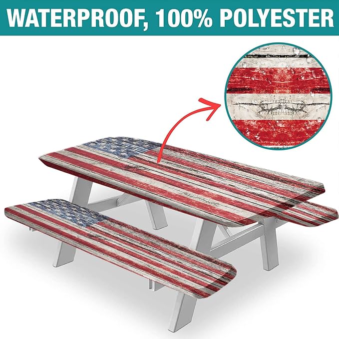 American Flag Picnic Fitted Tablecloth Benches Covers, 3 Pieces Set, Old Painted American Flag on Dark Wooden Fence Elastic Edged Table Cover, Great for Summer Spring Picnics Dinner Use, 72x28 In