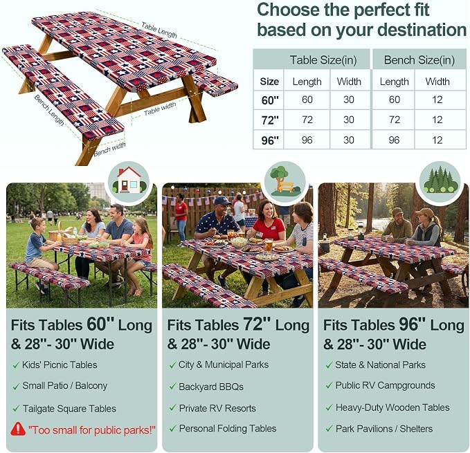 Picnic Table Cover with Bench Covers Camping Essentials Waterproof Windproof Camping Tablecloth with Drawstring Bag, Fitted Rectangle Tables and Seats, 96in, Red Blue Checkered