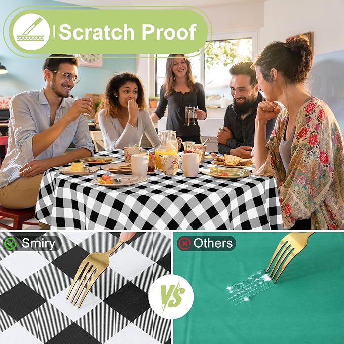 Smiry Picnic Table Cloth, Vinyl Tablecloths with Flannel Backing, 60" Round | Waterproof Picnic Table Cloth, Wipeable Buffalo Plaid Table Cover for Indoor and Outdoor (Black & White)