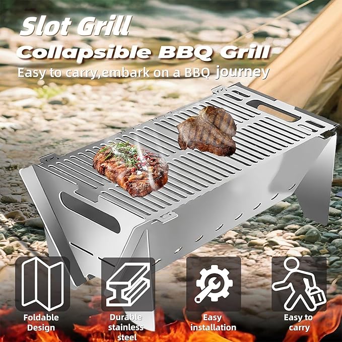 2026 Upgraded Slot grilI, Collapsible Bbq Grill, Portable Stainless Steel Foldable Charcoal Grills, Tool-Free 30s Setup, BBQ Grill Set for Camping, Travel, Party, Tailgating & Outdoor Cooking