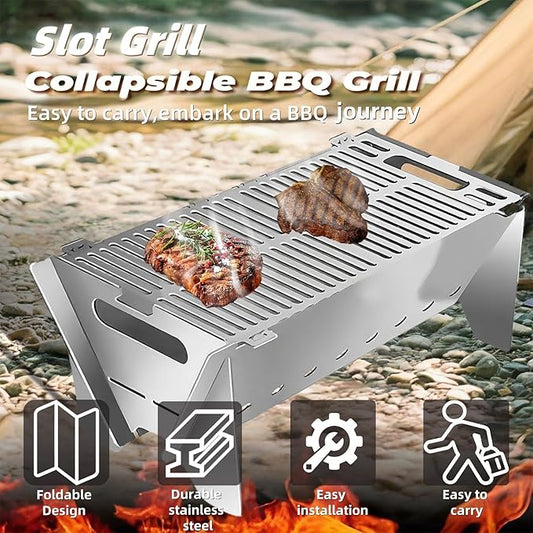 2026 Upgraded Slot grilI, Collapsible Bbq Grill, Portable Stainless Steel Foldable Charcoal Grills, Tool-Free 30s Setup, BBQ Grill Set for Camping, Travel, Party, Tailgating & Outdoor Cooking