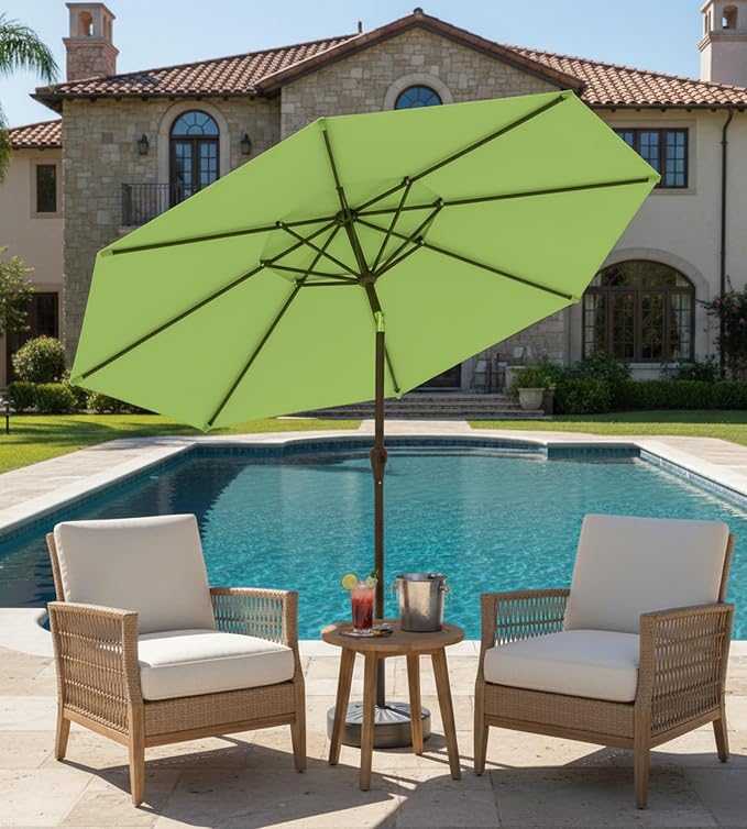 9FT Auto-Tilt Patio Umbrella|Outdoor Market Table Umbrella with 8 Fiberglass Ribs for Pool,Deck&Backyard
