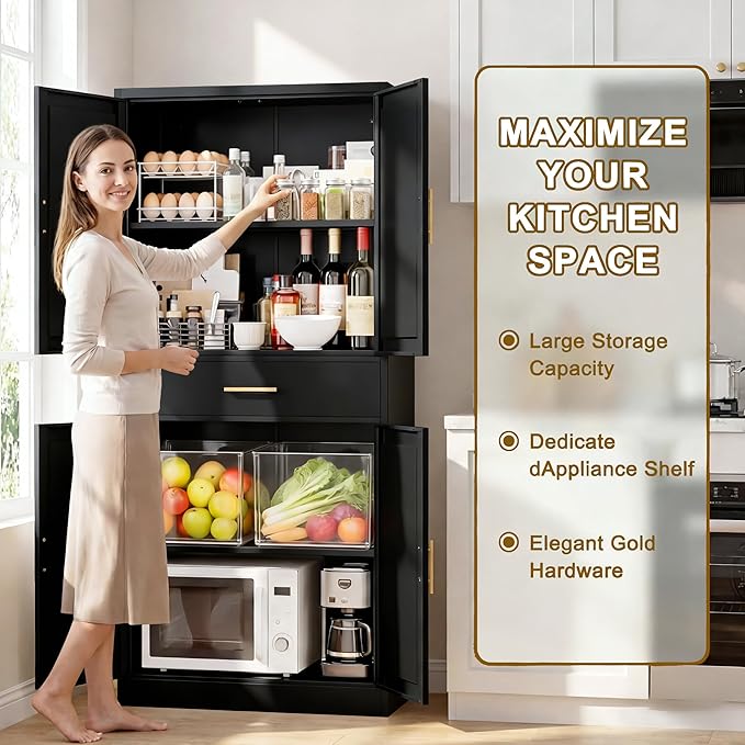 CJF 71" Metal Kitchen Pantry Cabinet with Drawer, Tall Storage Cabinet with 2 Adjustable Shelves and 4 Doors, Heavy Duty Freestanding Floor Cupboard for Home, Kitchen, Dining, Living, Black