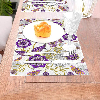 Boho Floral Placemats Set of 4 Linen Flower Decorative Place Mats | Washable Non-Slip Heat-Resistant Purple Kitchen Table Mats for Dining Outdoor Party Home Decor 12x18 Inch