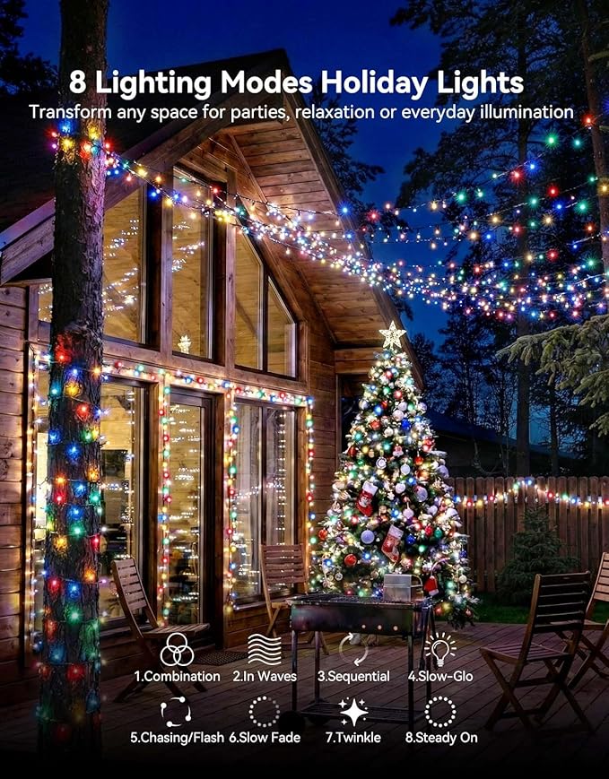 LitHome 164FT 500 LED String Lights Outdoor Indoor, 8 Modes Waterproof Christmas String Lights with Timer & Memory Function, Outdoor Christmas Lights Green Wire for Xmas Tree Party Garden, Multicolor