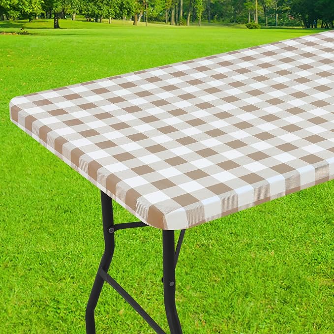 Smiry Rectangle Picnic Table Cloth, Elastic Waterproof Fitted Vinyl Tablecloths, Flannel Backed Buffalo Plaid Table Covers for Dining, Camping, Outdoor (White and Khaki, 18" x 72")