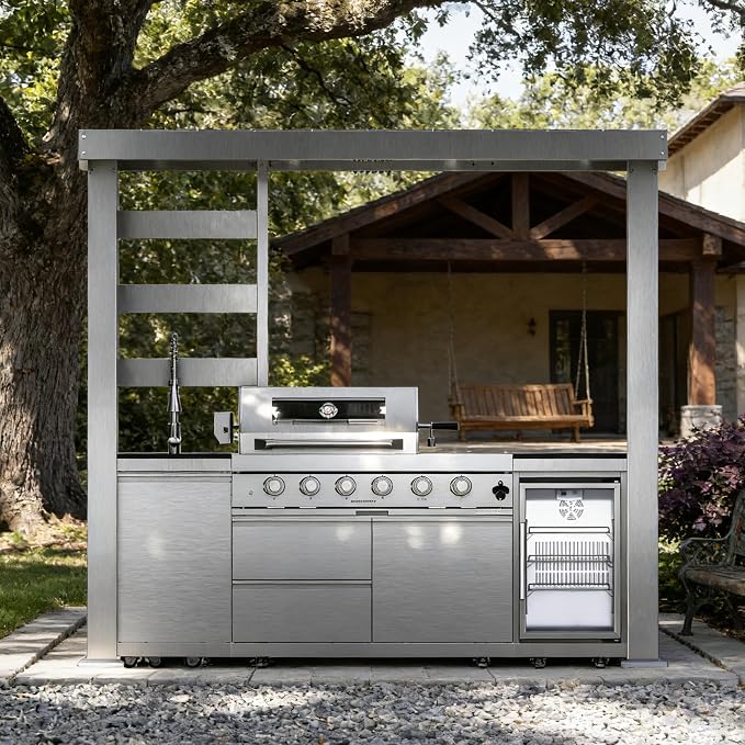 97 Inch Outdoor Kitchen Island with Shed, 72000 BTU 4-Burner Stainless Steel Propane Gas Grill, Wine Cooler Refrigerator, Galvanized Steel Roof, Black Granite Countertop, Silver