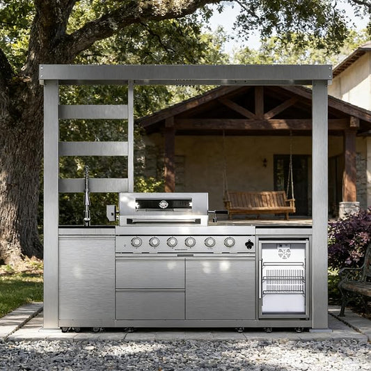 97 Inch Outdoor Kitchen Island with Shed, 72000 BTU 4-Burner Stainless Steel Propane Gas Grill, Wine Cooler Refrigerator, Galvanized Steel Roof, Black Granite Countertop, Silver
