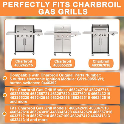 G511-0055-W1 Grill Igniter DHLG-5A for Charbroil Igniter Replacement, G515-0030-W2 5 Outlet Electronic Ignition Module w/ Wires & 2 Push Buttons for Charbroil Grill Replacement Parts Surefire Ignitor