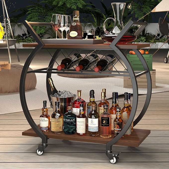 LVB Modern Bar Cart, Industrial Rolling Wine Cart with Wine Rack, Walnut | Coffee Liquor Drink Cart with Storage and Wheels, Wood and Metal Kitchen Microwave Beverage Cart for Home