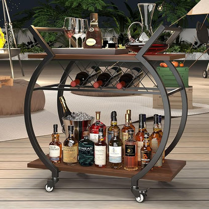 LVB Modern Bar Cart, Industrial Rolling Wine Cart with Wine Rack, Walnut | Coffee Liquor Drink Cart with Storage and Wheels, Wood and Metal Kitchen Microwave Beverage Cart for Home