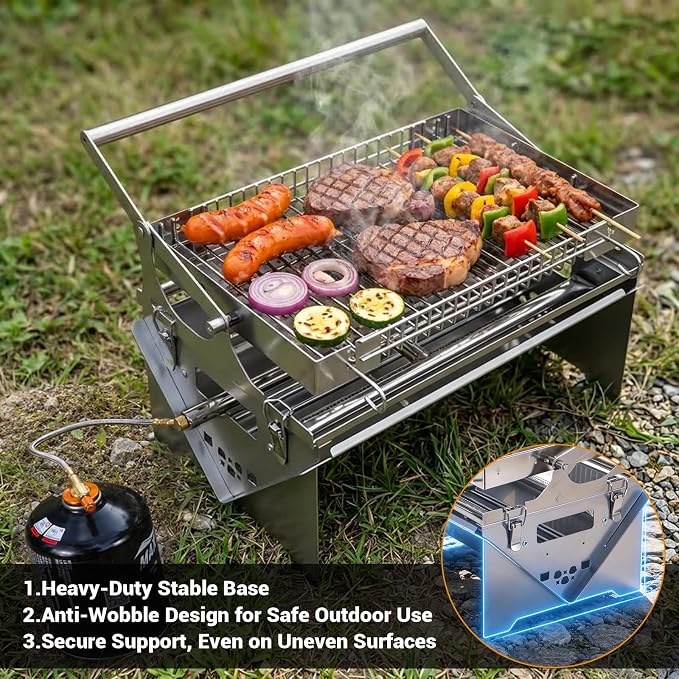 Portable Gas Grill,360° Rotating Charcoal Grill,Stainless Steel Flipping Camping Barbecue Grill with Carry Bag,Detachable BBQ Grill & Fire Pit for Outdoor Cooking,Camping,Tailgating, Patio & Backyard