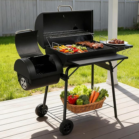Barrel Charcoal Grill with Warming Rack, Thermometer and Side Table, Outdoor BBQ Grill for Garden Party Picnic Camping Hiking Travel Backyard Cooking, Asadores de Carbon (Black)