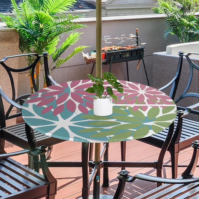 Round Tablecloth with Umbrella Hole and Zipper Elastic Fitted Table Cloth 36"-44" Oil-Proof Waterproof Patio Table Cover for Outdoor Picnic Party, Spring Summer Geometric Elegant Pink Green