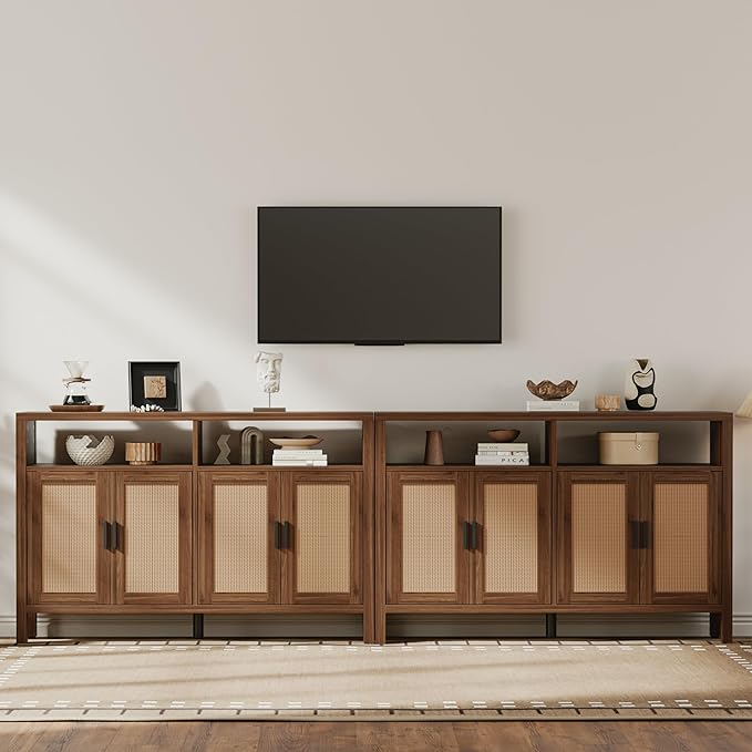 Rattan Buffet Cabinet with Storage, Sideboard with Doors, Console Table, Farmhouse Coffee Bar, Modern Wood Storage Cabinets(Walnut 2.0)