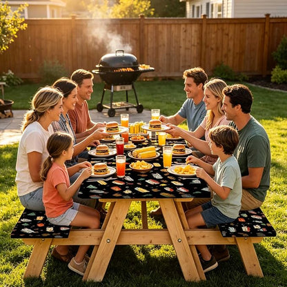 Picnic Table Cover with Bench Covers and Bag, Camping Rv Essentials, Waterproof Windproof Fabric, Fitted Tablecloth Cover with Elastic Edge, 3 PCS, 30x72 Inch, Black