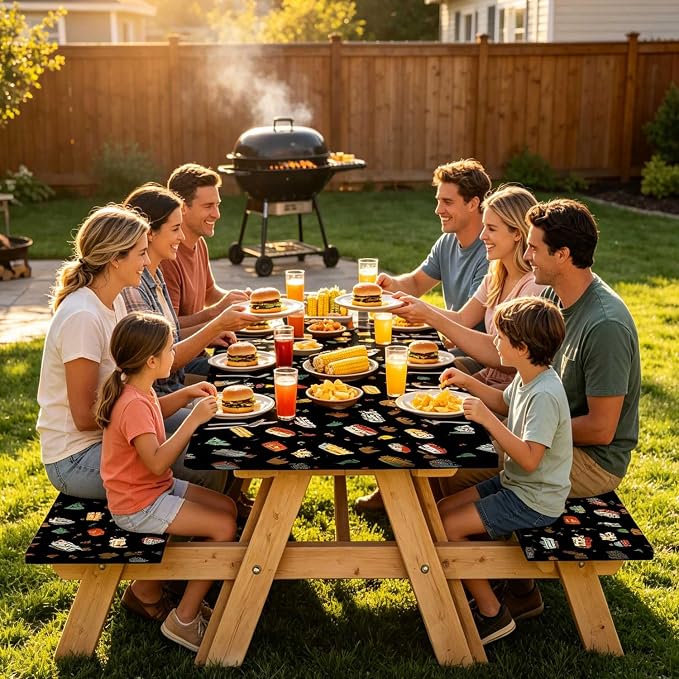 JAWO Picnic Table Cover with Bench Covers and Bag, Camping Rv Essentials, Waterproof Windproof Fabric, Fitted Tablecloth Cover with Elastic Edge, 3 PCS, 30x60 Inch, Black