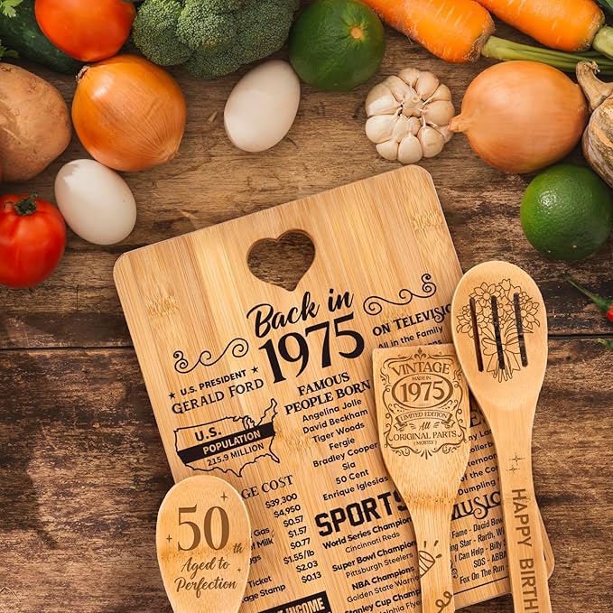 50th Birthday Gifts for Him Her- "Back in 1975" 50th Birthday Gifts for Women Cutting Board, Bamboo-Made Engraved "Year 1975 News" 50th Birthday Gifts