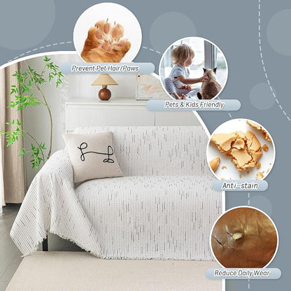 MYSKY HOME Boho Couch Cover White Sofa Covers with Tassel Farmhouse Sofa Slipcover Simple Couch Protector for Dogs Chenille Sectional Couch Covers L Shaped Couch Cushion Covers, 91"x 134"