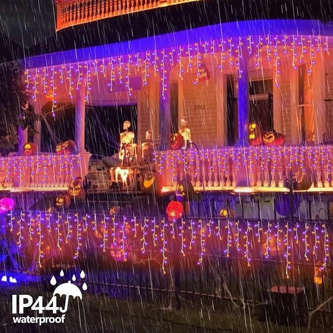 QITONG Orange and Purple Halloween Lights, 99ft 1200 LED Icicle Lights for Outside Plug in, Clear Wire String Light Indoor with 8 Modes