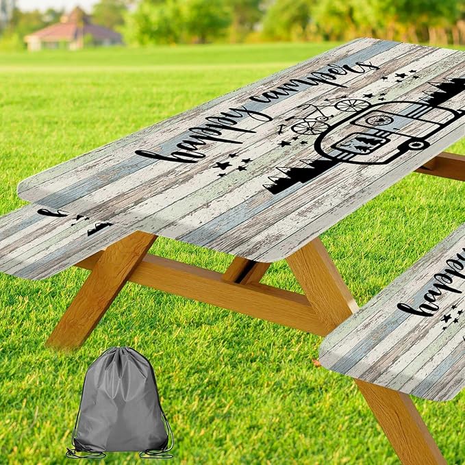 JAWO Picnic Table Cover with Benches, Camping Camper Campfire Rustic Wood Fitted Tablecloth for Outdoor Foldable Picnic Table Includes Drawstring Storage Bag 30X96inch