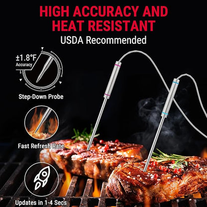 TempPro TP829 1000ft Wireless Meat Thermometer Digital for Grilling and Smoking, 4 Meat Probes Grill Thermometer for Outside Grill, BBQ Thermometer for Cooking Food Temperature (Previously ThermoPro)