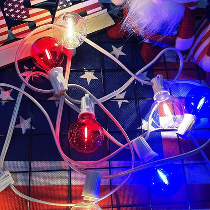 25Ft G40 LED Red White and Blue String Lights Outdoor,4th of July Decoration Lights with 27 LED Shatterproof Globe Bulbs, Hanging Patio Patriotic String Lights for Backyard Party Independence Day