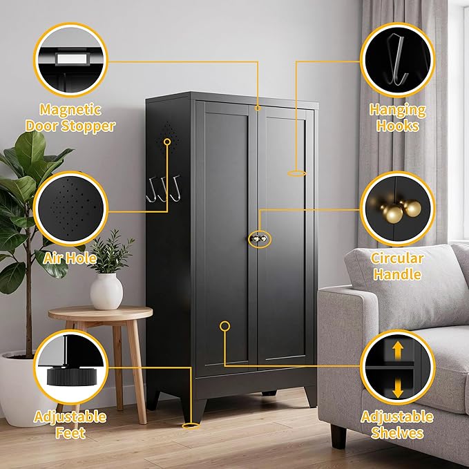 Metal Pantry Cabinet, Kitchen Pantry Storage Cabinets with 2 Doors and 3 Adjustable Shelves, White Kitchen Pantry Cabinet for Dining Room, Living Room, Assemble Required (Black)