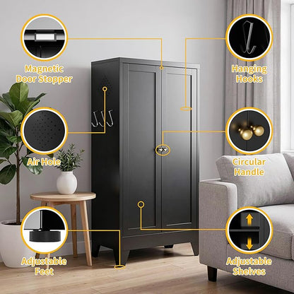 Metal Pantry Cabinet, Kitchen Pantry Storage Cabinets with 2 Doors and 3 Adjustable Shelves, White Kitchen Pantry Cabinet for Dining Room, Living Room, Assemble Required (Black)