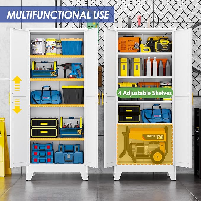 71" Metal Garage Storage Cabinet with 2 Doors and 4 Adjustable Shelves,Metal Storage Cabinets,Steel Tool Cabinets for Home,Office,Garage,Warehouse (White, 71''H x 29''W x 14''D)