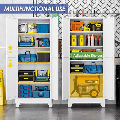 71" Metal Garage Storage Cabinet with 2 Doors and 4 Adjustable Shelves,Metal Storage Cabinets,Steel Tool Cabinets for Home,Office,Garage,Warehouse (White, 71''H x 29''W x 14''D)