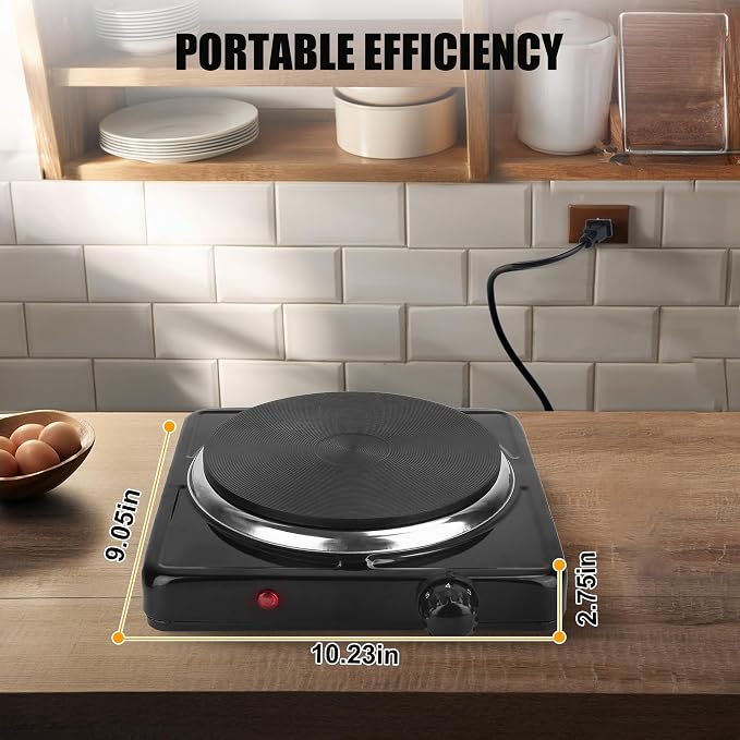 Hot Plate, 1500W Electric Stove with Single Cast Iron Burner – 5 Adjustable Temperature Levels & Knob Control, Portable Countertop Cooktop for Home, RV, and Camping (Black)