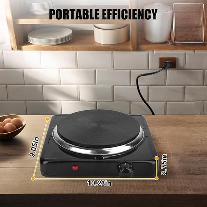 Hot Plate, 1500W Electric Stove with Single Cast Iron Burner – 5 Adjustable Temperature Levels & Knob Control, Portable Countertop Cooktop for Home, RV, and Camping (Black)