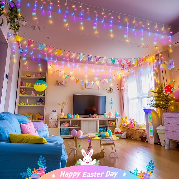JMEXSUSS 400 LED 38.8 FT Easter Lights String Outdoor | Connectable Pastel Icicle Lights Indoor Outdoor for Easter Spring House Garden Party Decorations