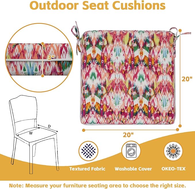 COZYVIDA Outdoor Chair Cushions Set of 4, 20"x20" Square Seat Pads with Tie Straps and YKK Zippers, 30D High-Density Foam, Water-Resistant Fabric,UV-Resistant 1000+ Hrs