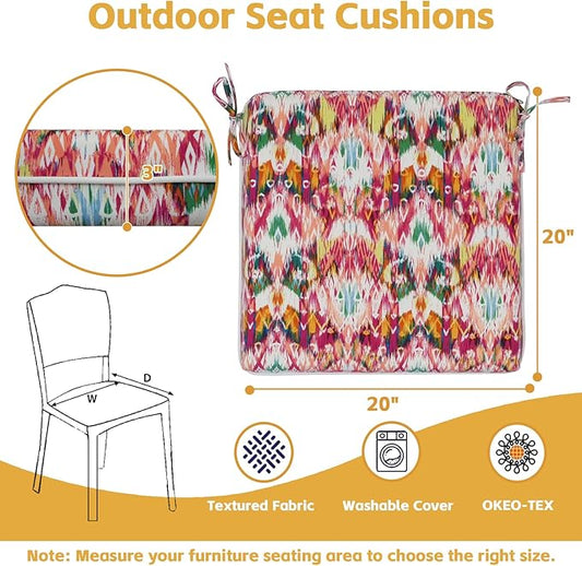 COZYVIDA Outdoor Chair Cushions Set of 4, 20"x20" Square Seat Pads with Tie Straps and YKK Zippers, 30D High-Density Foam, Water-Resistant Fabric,UV-Resistant 1000+ Hrs