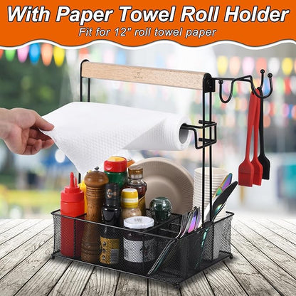 VIKEYHOME Grill Caddy, Picnic BBQ Organizer for Camping | Outdoor Mesh Basket with 3 Hanging Hooks and Paper Towel Holder, Ideal Table Storage Tools for RV Camper/Tailgating/Flatware