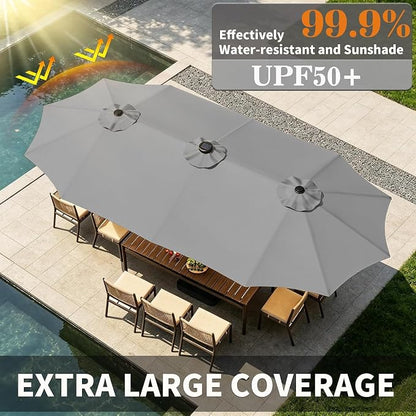 15ft Double-Sided Rectangle Patio Umbrella with 36 LED Solar Lights & Base | UV50+ Weather-Resistant Outdoor Umbrella,Crank Lift,Patio Shade for Pool,Garden,Backyard,Gray