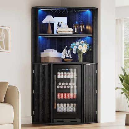 kepptory 71" Extra Large Triangle Corner Bar Cabinet with Mini Fridge Space | Full RGB LED Liquor Cabinet with Wine Glass Rack, Oversized Fluted Storage Buffet for Living Room Kitchen