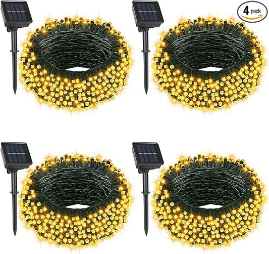 4 Pack Solar String Lights, Total 132Ft 400 LED Solar Powered Twinkle String Lights Waterproof with 8 Lighting Modes Green Wire for Patio Garden Party Yard Wedding Decors (Warm White)