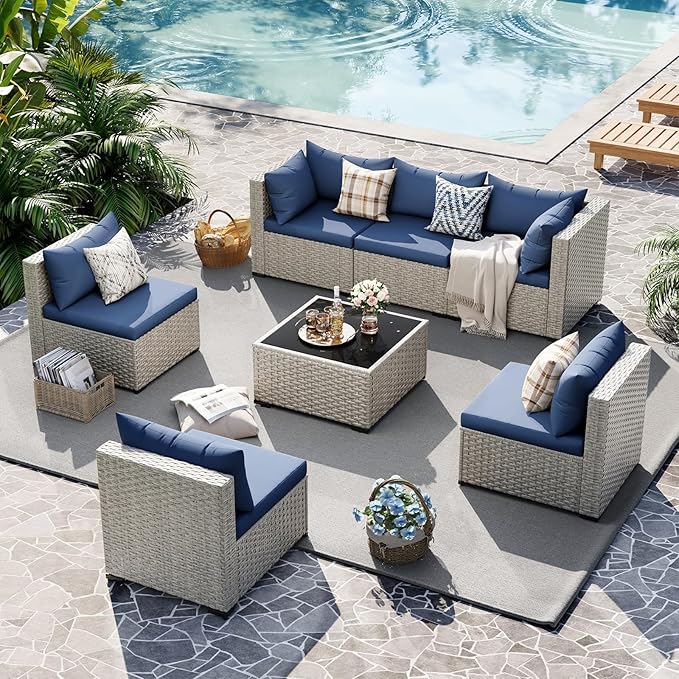UDPATIO Outdoor Patio Furniture Set, 7 Pcs PE Wicker Sectional Sofa with Tea Table, Outdoor Conversation Set for Patio, Garden, Backyard (Blue Cushions with Light Grey Rattan)