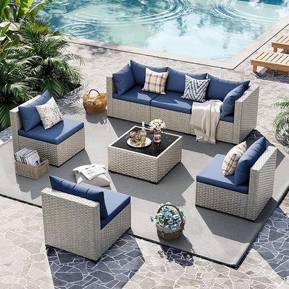 UDPATIO Outdoor Patio Furniture Set, 7 Pcs PE Wicker Sectional Sofa with Tea Table, Outdoor Conversation Set for Patio, Garden, Backyard (Blue Cushions with Light Grey Rattan)