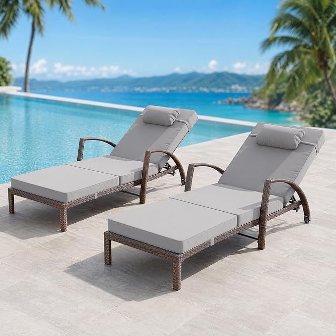 Garvee Outdoor Chaise Lounge Chairs Set of 2, PE Rattan Wicker Patio Lounge Chairs with 5-Position Adjustable Backrest, 3.5" Cushions & Wheels, 380 lbs Capacity Heavy Duty Pool Lounge Chair,Grey