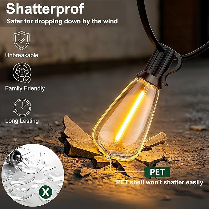 50FT Outdoor String Lights with Remote, Garden Patio Decor with 2500K Warm White, 25+1 LED Edison Bulbs, Support Timer Dimmable Waterproof Shatterproof for Yard Outside Porch Deck Indoor (24V)