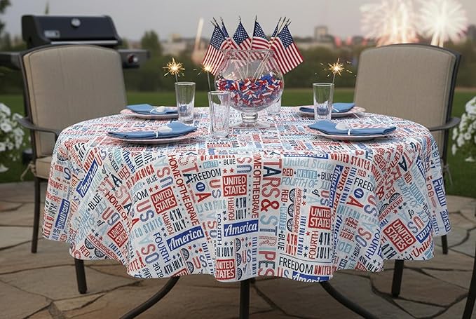 Newbridge Celebrate America Patriotic Blue Stars and Stripes 70 Inch Round Vinyl Tablecloth with Flannel Backing, Indoor Outdoor Waterproof BBQ Picnic Patriotic Party Table Cover