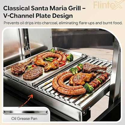 Flintex Argentine Santa Maria Grill, Wood & Charcoal Parrilla BBQ Brasero Grill with Asado Tools, Multi-Function Adjustable Height, Easy Clean with Ash & Grease Collector, Ideal for Asado, Backyard