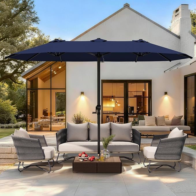 GDPFN 15FT Large Patio Umbrella, Outdoor Deck Standing Umbrella with Crank Handle, Double-Side Rectangular Pool Umbrella for Outside, Market, Patio, Navy Blue (Base Not Include)