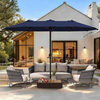 GDPFN 15FT Large Patio Umbrella, Outdoor Deck Standing Umbrella with Crank Handle, Double-Side Rectangular Pool Umbrella for Outside, Market, Patio, Navy Blue (Base Not Include)