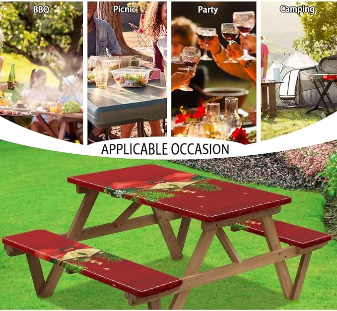 Christmas Elastic Fitted Table Cloth for Camping Party Christmas Bells Picnic Table Cover with Bench Covers 3 PCS for Outdoors