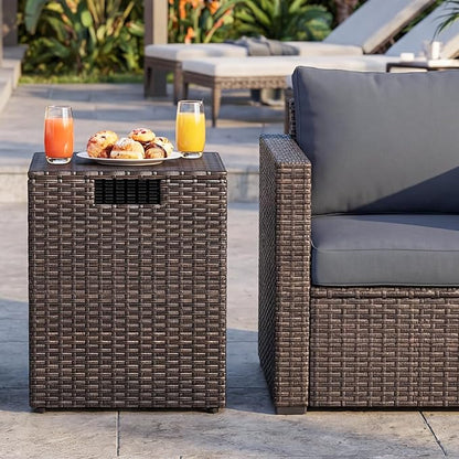 Tangkula Wicker Propane Tank Cover Table, 20 LB Gas Tank Holder Storage Box with Flip Lid & Adjustable Foot Pads, 16" Outdoor Rattan Hideaway Table for Gas Fire Pit, Grill, Griddle & Stove (Brown)